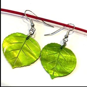 Painted Shell Green Aspen Leaves Earrings